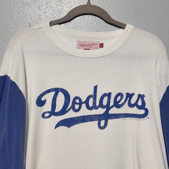DODGERS Raglan Shirt Mens XL White Blue 3/4 Sleeve MLB MITCHELL & NESS Baseball - Picture 3 of 13